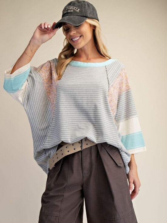 Easel Los Angeles Tops - E38 Easel Striped Mix Print Mineral Washed Heather Gray w/Aqua Knit Top Plus